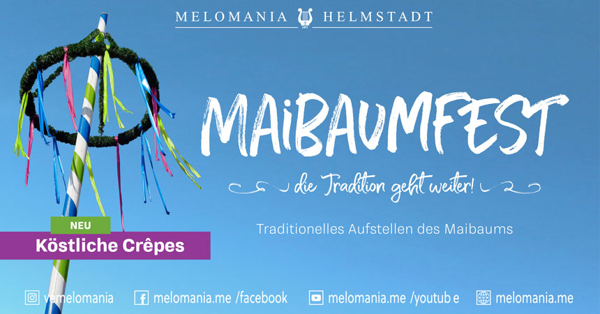 Einladung zum Maibaumfest, Maibaum vor blauem Himmel