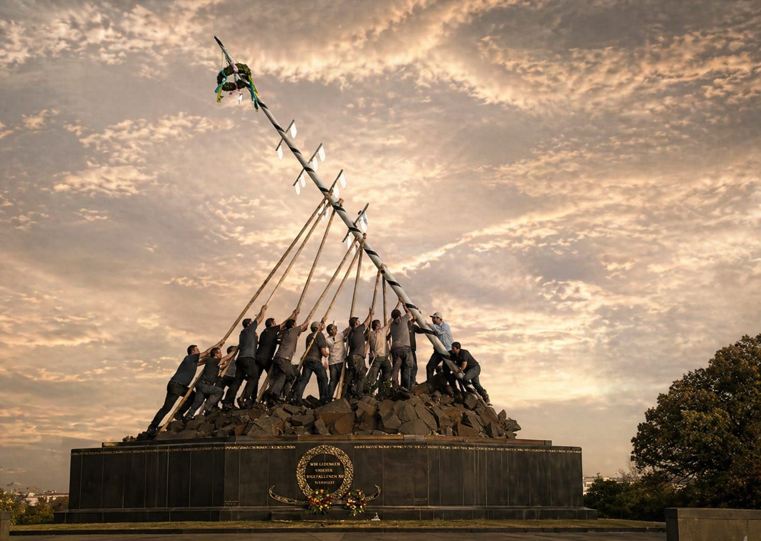 Wenn Helmstadt den Maibaum stellt und plötzlich nach Washington aussieht. Gruppe von Menschen richtet mit Seilen einen Maibaum auf einem steinernen Denkmalpodest auf; dramatischer Himmel im Hintergrund. ein Maibaum, der wie das US Marine Corps War Memorial aufgerichtet wird